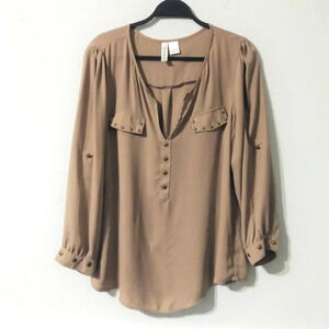 Ms. Bella D Tan Studded Roll Tab Sleeve Henley Blouse Top Large
